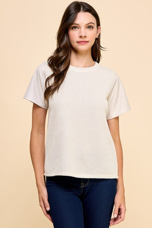 Solid Knit Top with Faux Leather Sleeves