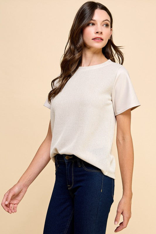Solid Knit Top with Faux Leather Sleeves