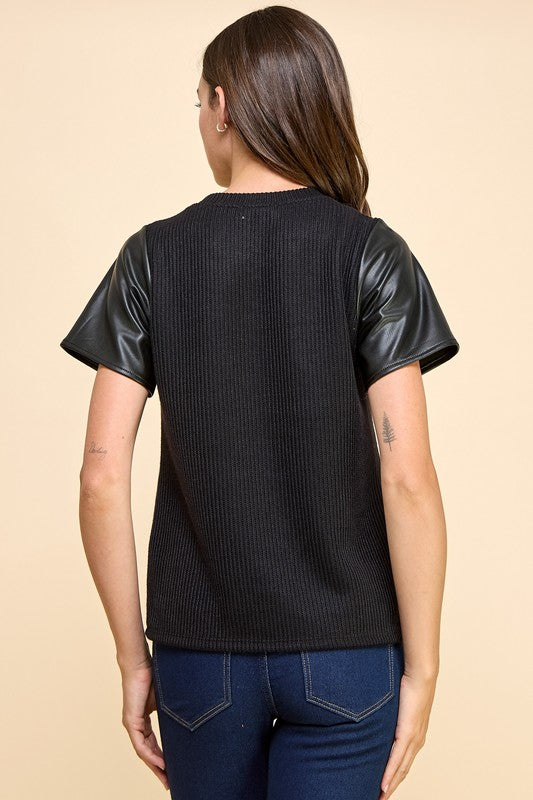 Solid Knit Top with Faux Leather Sleeves