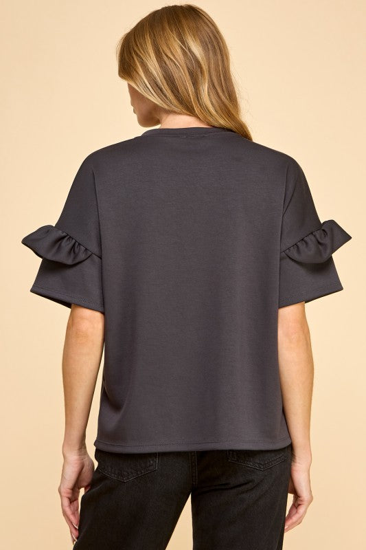 Solid Top with Double Ruffle Sleeve