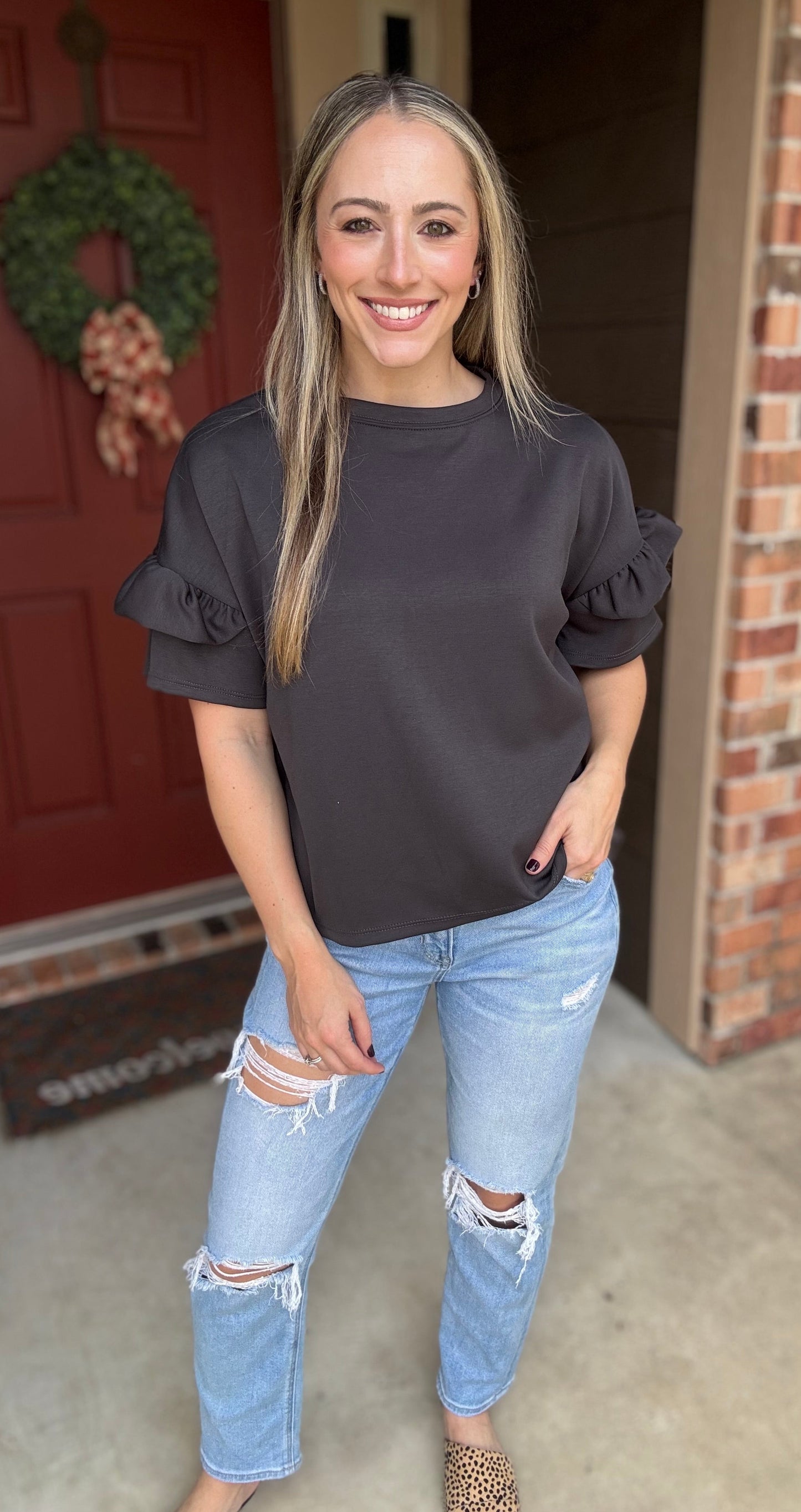 Solid Top with Double Ruffle Sleeve
