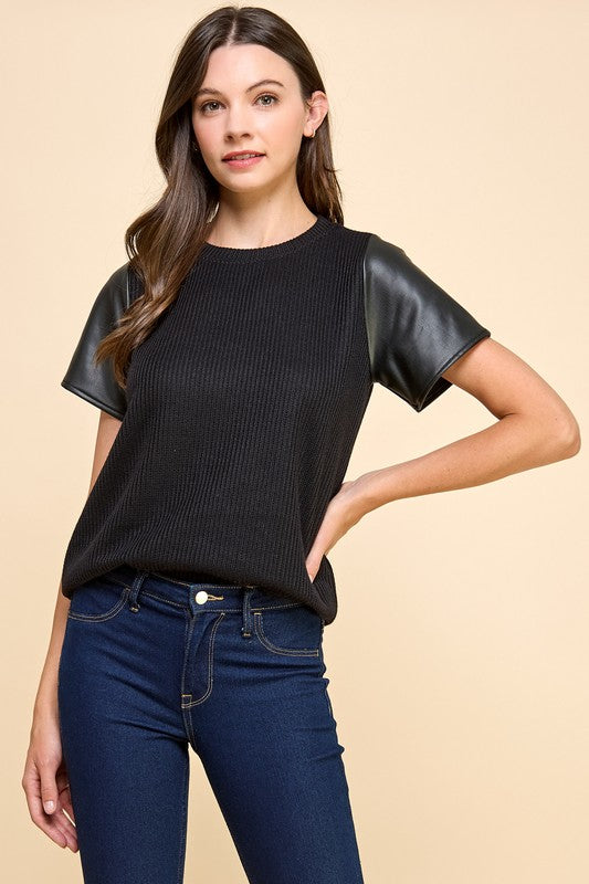 Solid Knit Top with Faux Leather Sleeves