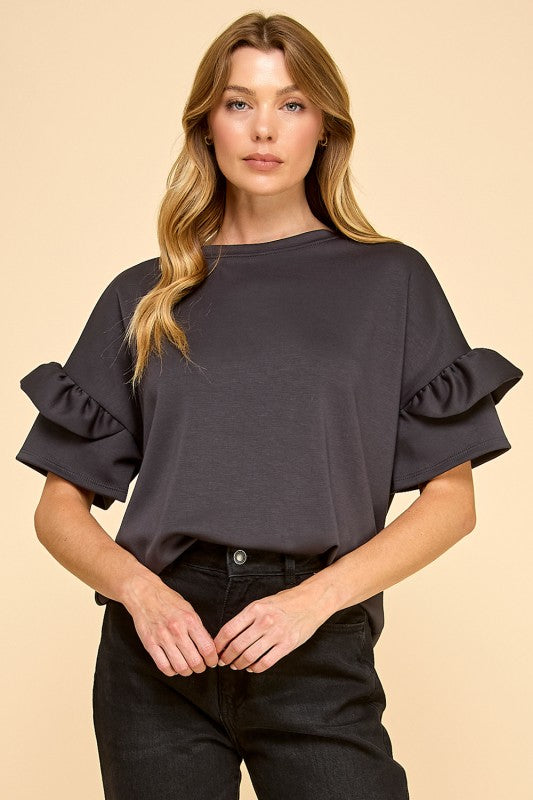 Solid Top with Double Ruffle Sleeve