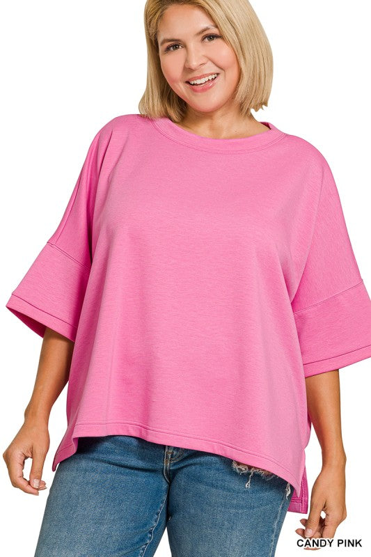 Scuba Round Neck Top With Side Slits- Plus Size