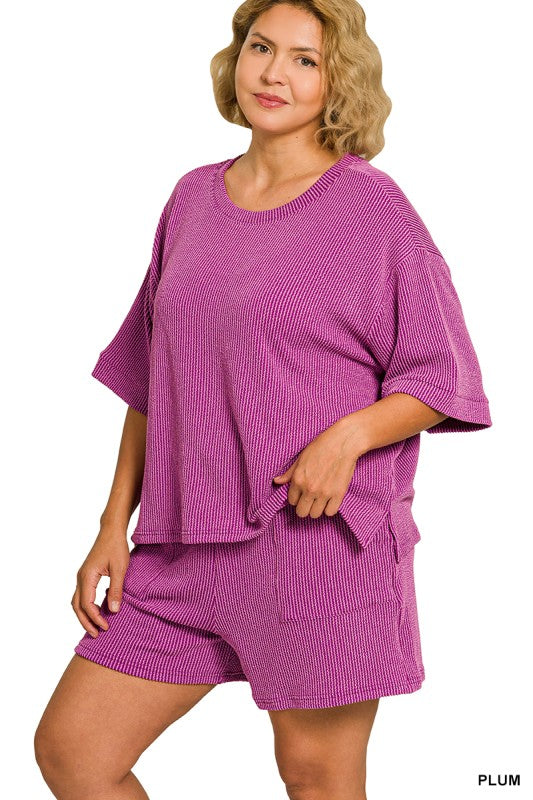 Raised Rib Short Sleeve Tee & Short Pants Set- Plus Size
