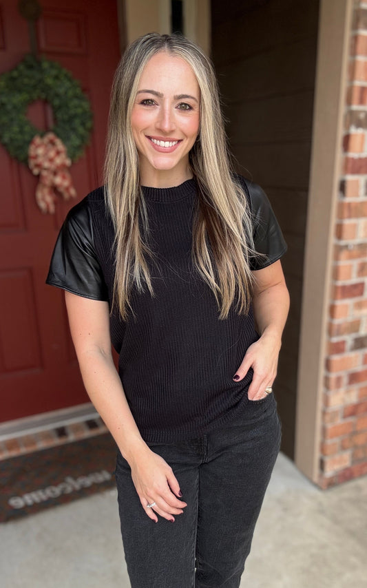 Solid Knit Top with Faux Leather Sleeves