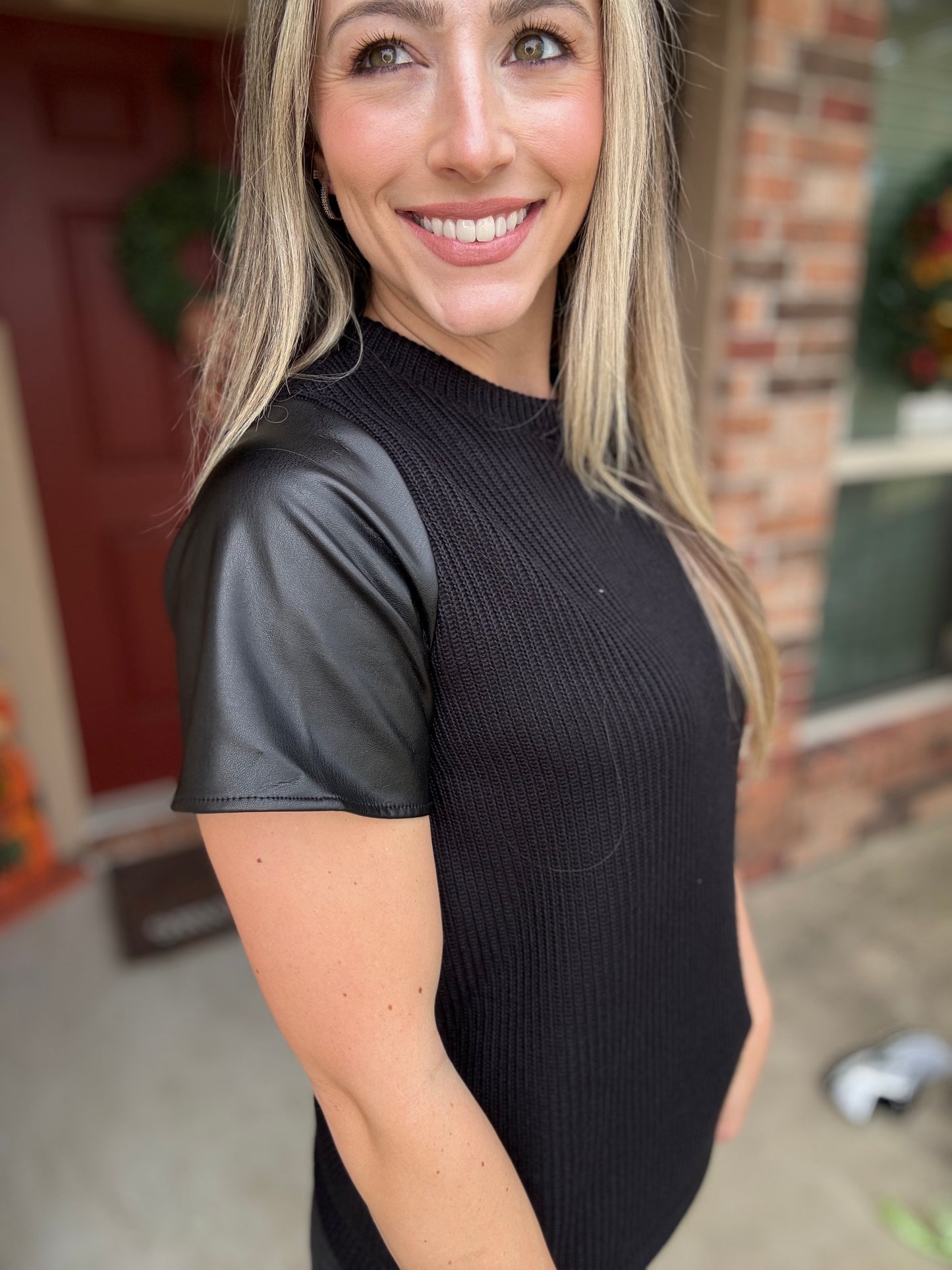 Solid Knit Top with Faux Leather Sleeves